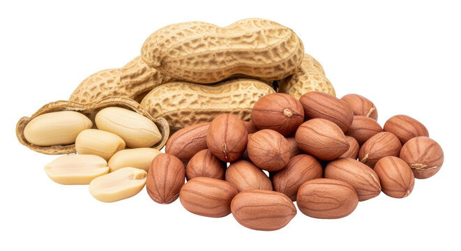 Isolated pile of whole and shelled peanuts close-up, heap of raw organic nuts, macro food