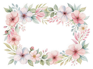 Soft pink watercolor floral rectangular wreath elegant delicate bloom border design isolated on white background