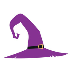 Curled purple witch hat with buckle and wide brim. Cozy spooky accent for seasonal designs, apparel, cards, and decor.