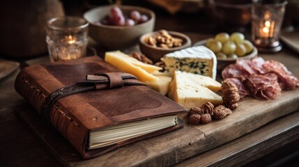 Wine and cheese pairing board with leather-bound journal