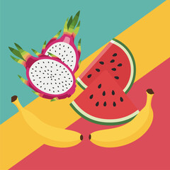 Vibrant Tropical Fruits Assortment with Dragon Fruit, Watermelon, and Bananas on a Colorful Geometric Background