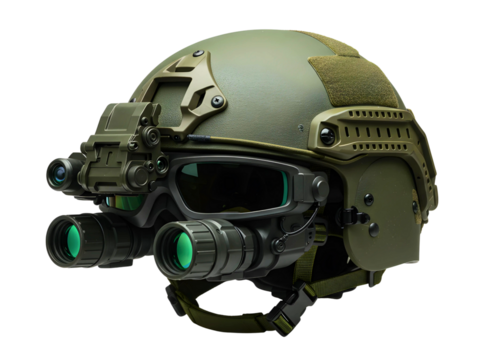 Military tactical helmet with night vision goggles isolated on transparent background