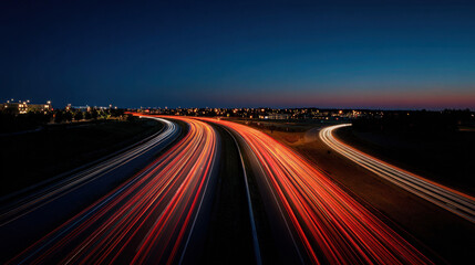 Curving highway with red and white light trails at dusk, dark median in foreground and glowing city lights in background, long exposure perspective, concept of urban speed and connectivity
