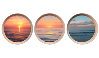  three round windows with different images of the sea and sunset, isolated on a transparent background.