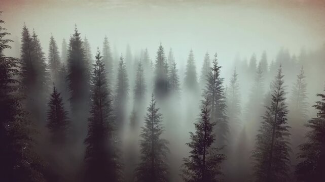 Fog rolling through mysterious pine forest. Media