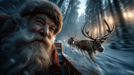 Santa Claus riding sleigh pulled by reindeer through snowy forest, magical Christmas holiday scene full of joy and wonder