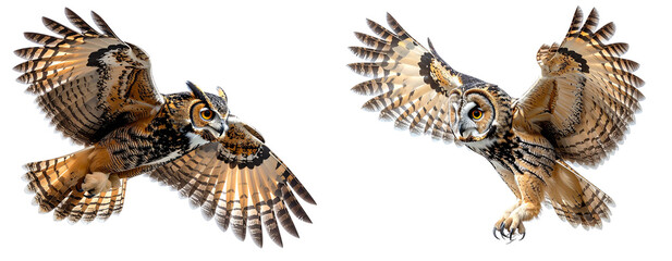 Set of Flying Owl with Wings Spread, Side Angle, Isolated