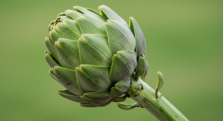 Fototapeta premium A close-up captures the architectural beauty of an artichoke, its layered petals forming a natural sculpture against a soft green background.