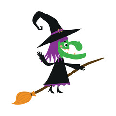 Playful green-faced witch flying on a broom with a pointy hat. Cute yet spooky Halloween artwork for shirts, stickers, posters, cards, and party decor.