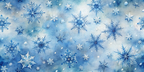Elegant Watercolor Pattern Featuring Various Snowflakes and Stars in Shades of Blue on a Soft Background, Capturing the Essence of Winter