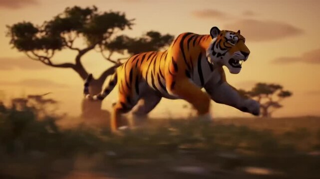 A tiger cartoon running swiftly across a savannah landscape during sunset with trees in the background and a warm orange sky with clouds. The tiger has distinctive orange and