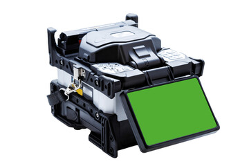 Close up of fiber optic fusion splicer machine with green screen display for telecommunications and network installation