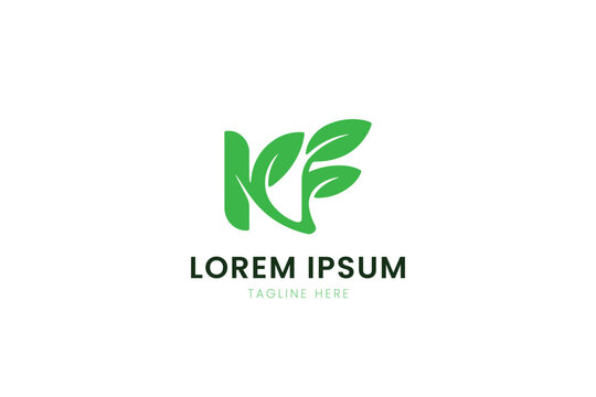 Minimalist green kf logo design with leaf accents and lorem ipsum placeholder text
