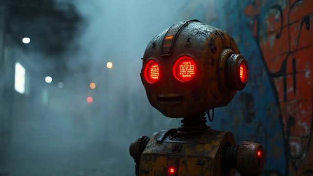 Rusty robot with glowing red eyes stands in a graffiti-covered urban alleyway