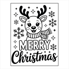 Cute Reindeer Merry Christmas Coloring Page Vector Illustration