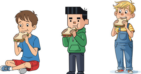 Three boys eating sandwiches, cartoon kids enjoying lunch, happy children with food, diverse kids snack time, playful child illustration