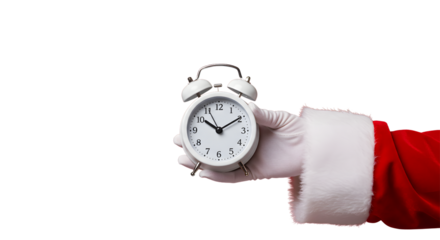 Santa Claus holding a white alarm clock showing time.