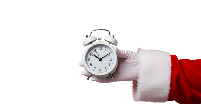 Santa Claus holding a white alarm clock showing time.