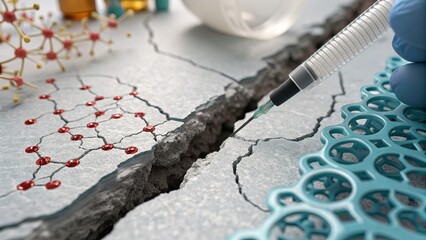 Researching new medical treatments and vaccine development with syringe and molecules