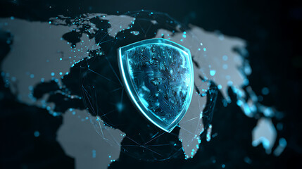 Digital shield overlaying a global network map, symbolizing cybersecurity and data protection.