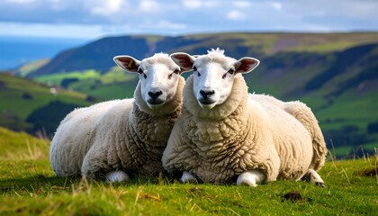 Fototapeta premium Two Fluffy Sheep Resting on Green Hillside, Mountain Background