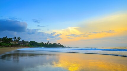 sand. A breathtaking tropical beach sunset with vibrant clouds and golden reflections on the wet sand. inspiring travel planning, travel magazines, designed for outdoor magazines and nature guides.
