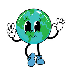 Smiling globe character flashing peace signs with friendly eyes and sneakers. Kid-friendly eco artwork for Earth Day posters, shirts, stickers, and classroom use.