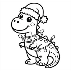 Cute Christmas Dinosaur with Santa Hat and Holiday Lights Vector