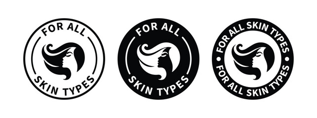 For all skin types label icon set. Face beauty women skin care packaging label for cream, toner, moisturizer, facial mask, lotion, logo, badge, symbol, black, line vector, isolated on white background