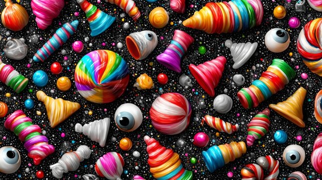 Colorful swirl patterns and decorative shapes in a playful arrangement on a dark background