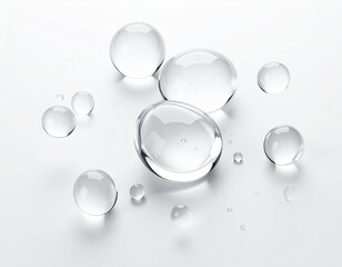 Glossy transparent bubbles floating on white background, clean minimal abstract design