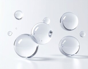 Glossy transparent bubbles floating on white background, clean minimal abstract design