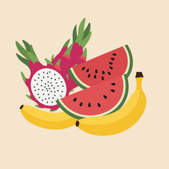 Colorful Tropical Fruit Assortment Vector Illustration with Dragon Fruit, Watermelon, and Bananas