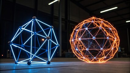 Abstract glowing geometric shapes blue and orange futuristic technology background art