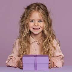 Smiling little girl with long blonde hair holding purple gift box, studio portrait on pastel background, cheerful childhood moment