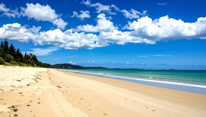Obraz premium Sandy beach meets turquoise sea under a bright blue sky with fluffy white clouds