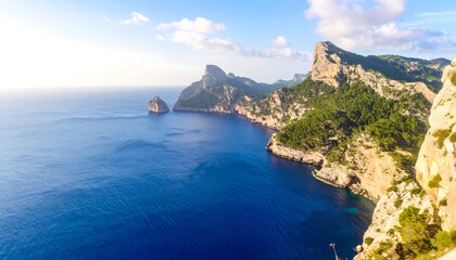 Coastal landscape with blue sea and rocky cliffs under a bright sky with scattered clouds