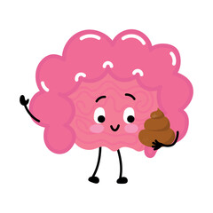 Cute pink intestine holding a poop emoji—humorous visual for bowel habits, constipation, or tummy troubles. Great for medical and education uses.