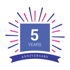 Celebration of a 5 year anniversary with a burst of red and blue rays and a banner announcing the milestone