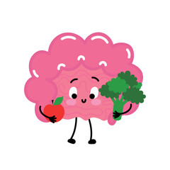 Happy intestine holding broccoli and an apple—plant-rich fiber nutrition theme.