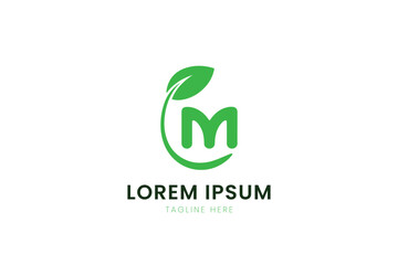 Minimalist green letter m logo with leaf element and lorem ipsum text