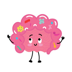 Smiling intestine decorated with colorful microbes—healthy gut flora concept.
