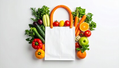 Fresh organic vegetables and fruits in shopping bag healthy food concept