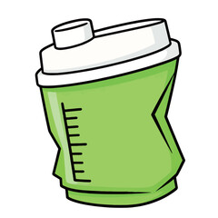 Isolated cartoon illustration of a green protein shaker bottle with measurement lines, a convenient accessory for fitness enthusiasts.