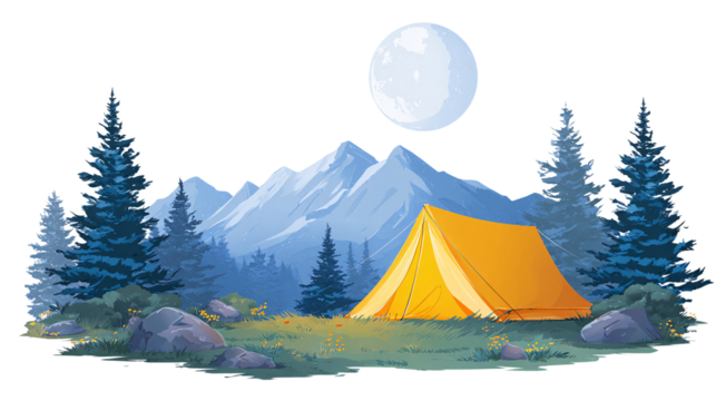 Camping scene with mountain backdrop isolated on transparent background - Powered by Adobe