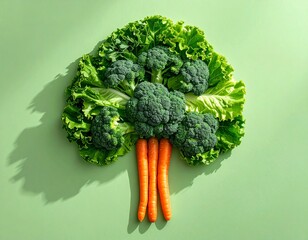 Healthy eating vegetable tree broccoli carrots lettuce green background