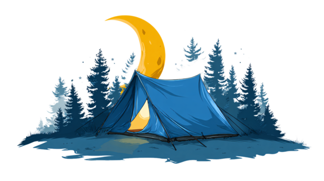 Camping scene with tent and moon isolated on transparent background