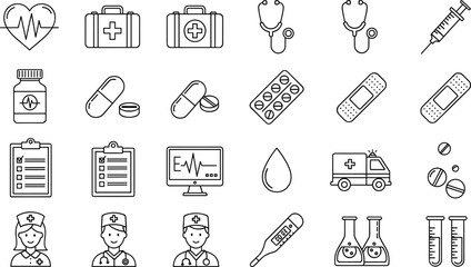 Medical, healthcare, icon, set, black, white, hospital, equipment, doctor, nurse, emergency, symbols, pills, stethoscope, syringe, clipboard, heartbeat, ambulance, medicine, test