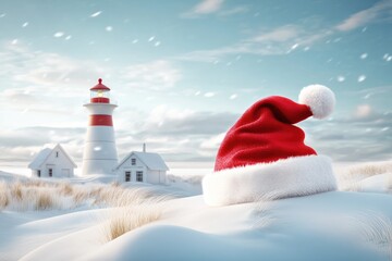 Festive lighthouse with santa hat in winter coastal scene