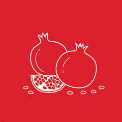 Fresh Pomegranates and Arils Outline Vector Art on Red Background